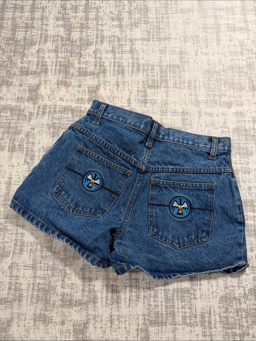 R2 Blue Denim High-Waist Embroidered Pocket Shorts